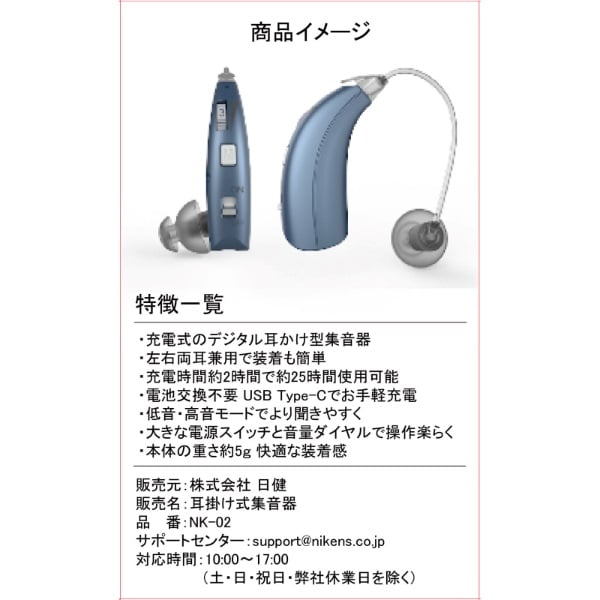 耳かけ式 集音器 （片耳用） ＮＫ-０２ 日健 型番:NKｰ02Ｂ