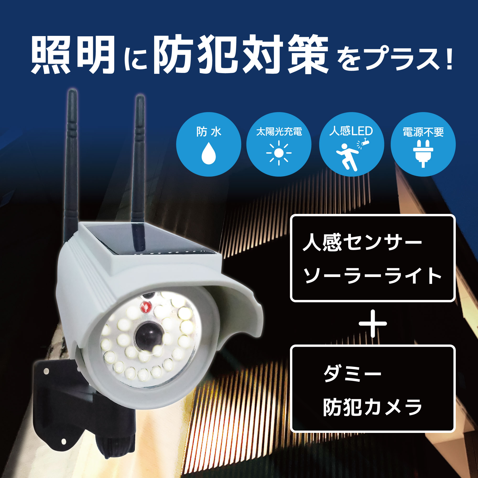 ダミーカメラ型屋外防水ソーラー充電式 人感センサー搭載LED照明 SEC-CAM-NLED