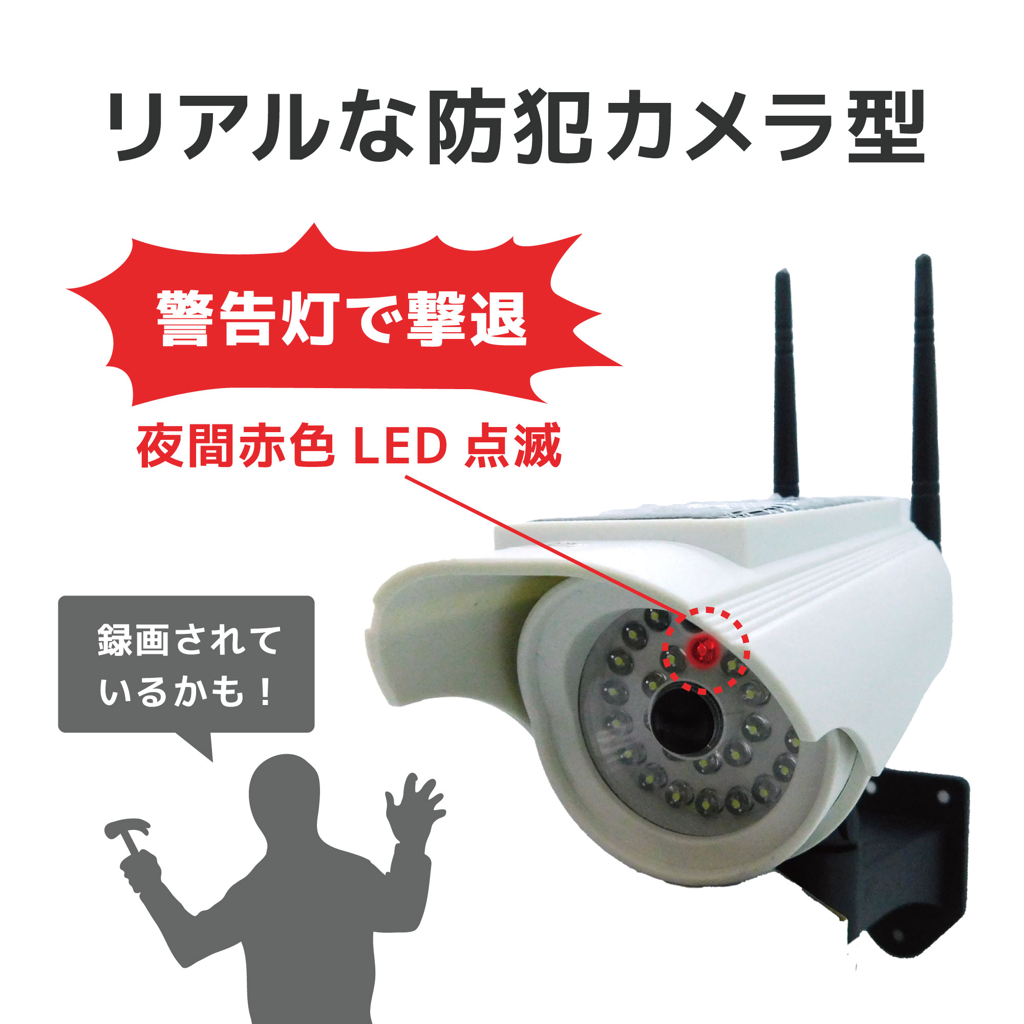 ダミーカメラ型屋外防水ソーラー充電式 人感センサー搭載LED照明 SEC-CAM-NLED