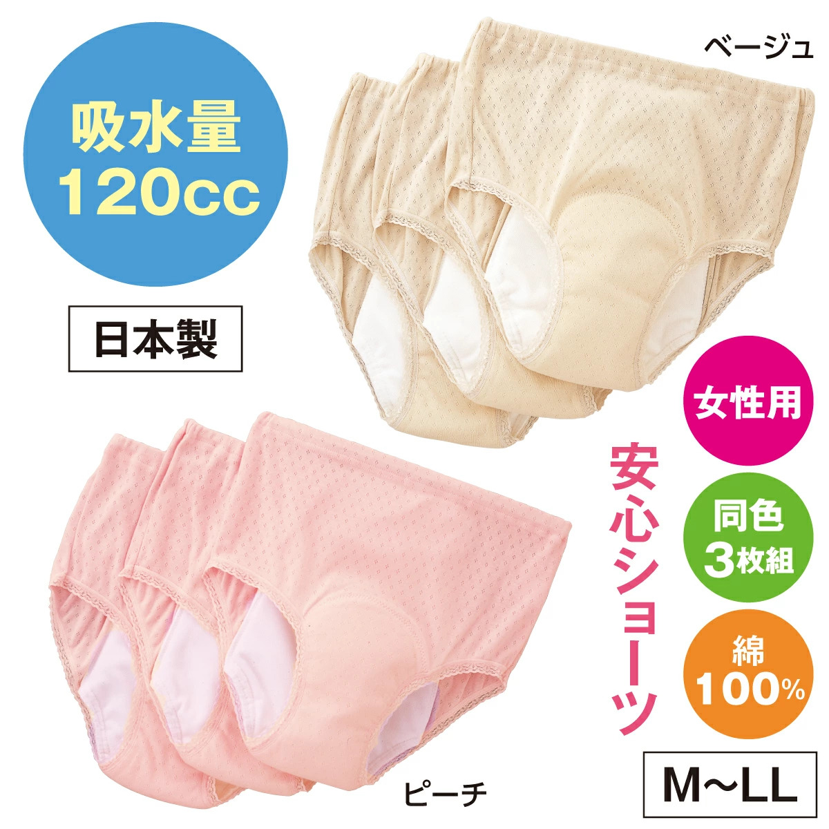 【同色3枚組】 安心さわやかパンツ 120cc 女性用 尿漏れ・失禁・吸水ショーツ