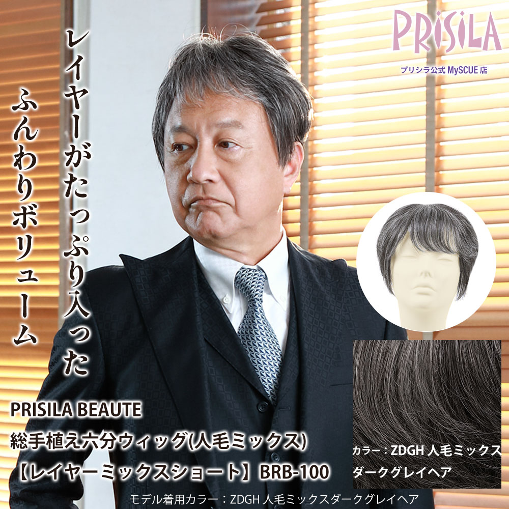 【プリシラ】 総手植え 六分ウィッグ レイヤーミックスショート 人毛ミックス ダークグレイヘア BRB-100-ZDGH