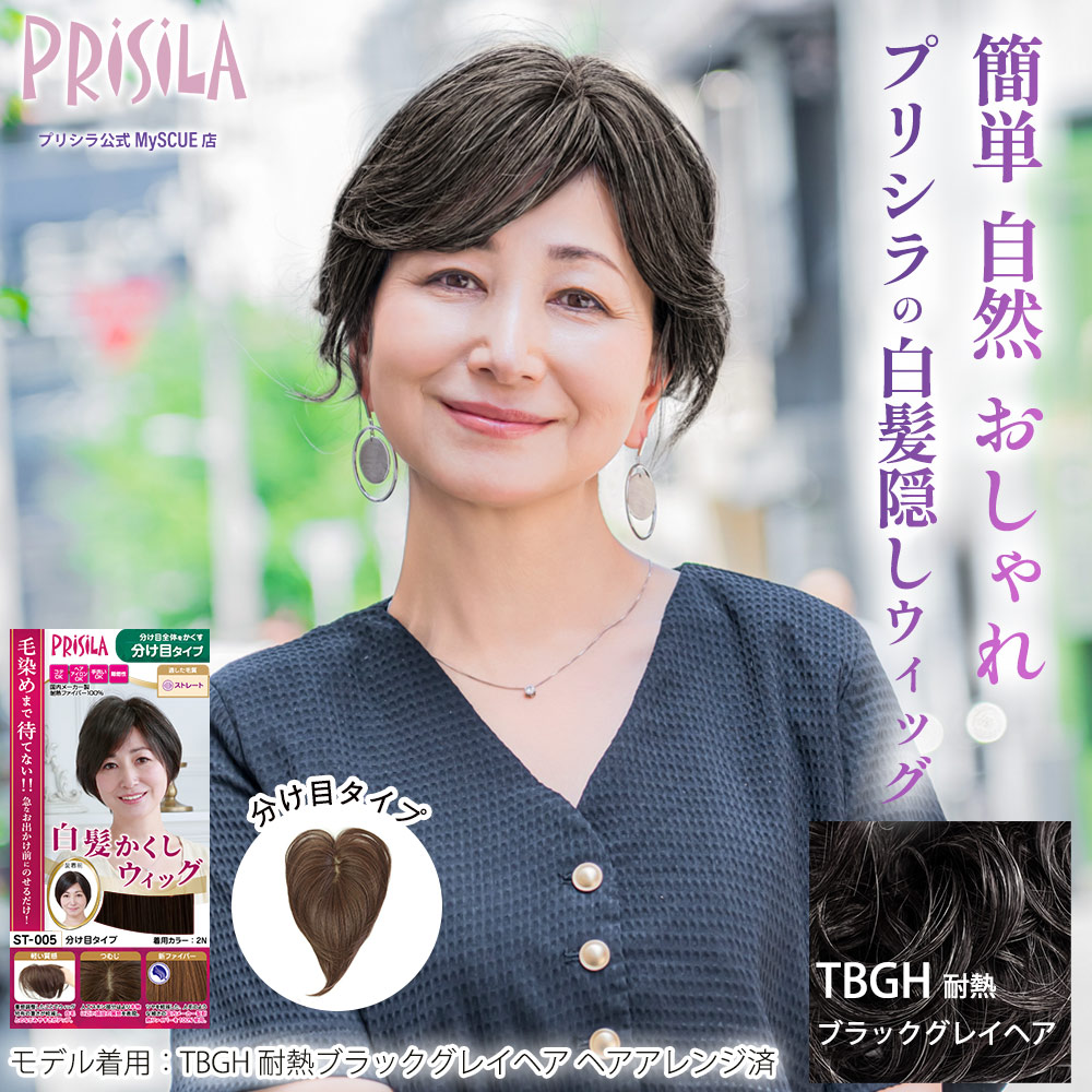 【プリシラ】 耐熱 白髪隠しウィッグ 分け目タイプ  耐熱ブラックグレイヘア ST-005-TBGH